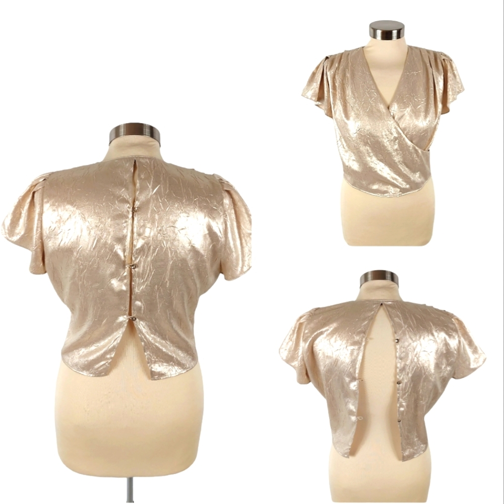 Zara Gold Metallic Cropped Faux Wrap Top